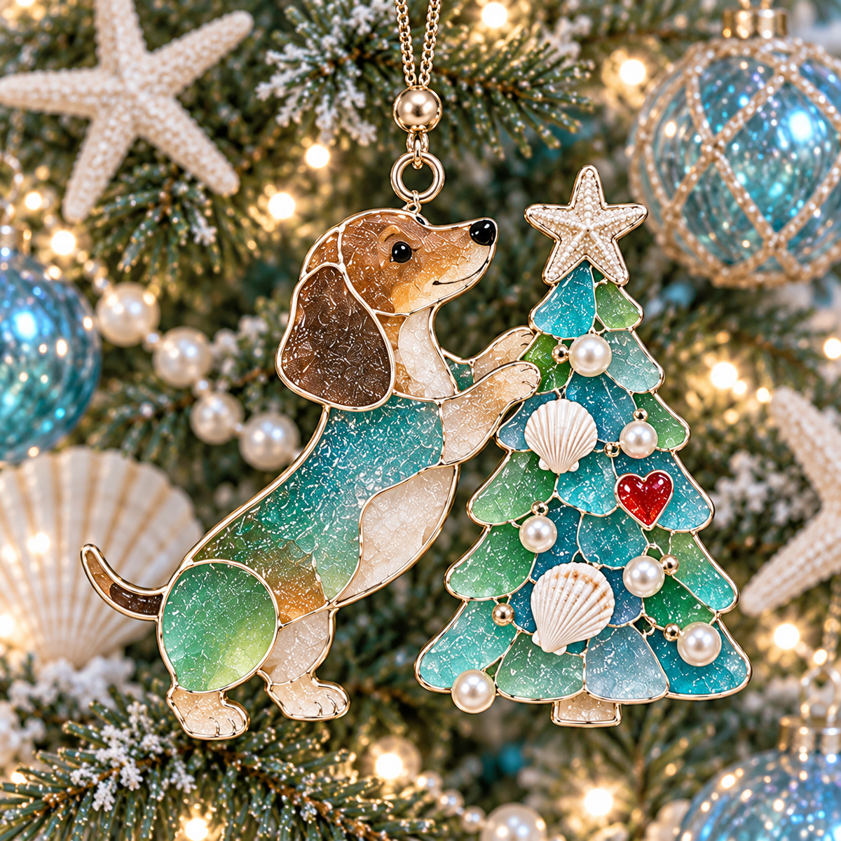 ⏰Coastal Christmas Dachshund Ornament Set – ✨6-Piece Stained Glass-Inspired Sea Glass Dog Christmas Tree Decorations, Gift for Dachshund Lovers