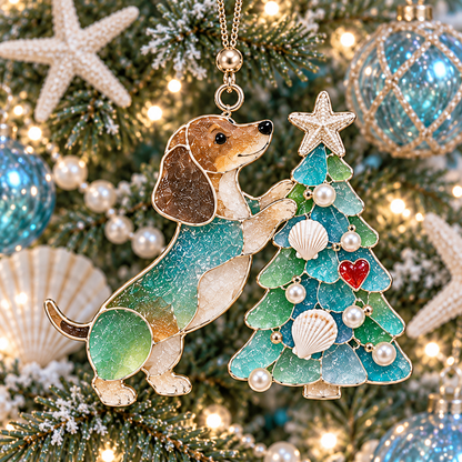⏰Coastal Christmas Dachshund Ornament Set – ✨6-Piece Stained Glass-Inspired Sea Glass Dog Christmas Tree Decorations, Gift for Dachshund Lovers