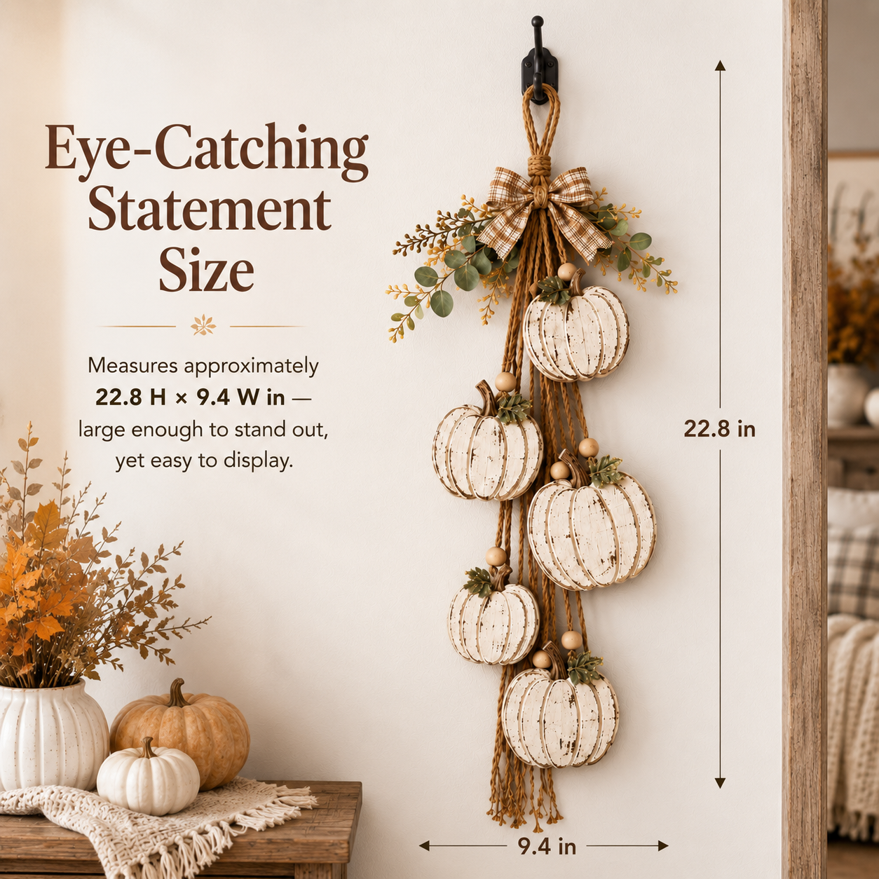 🔥BUY 2 SAVE 15% -🎃 Rustic White Pumpkin Hanging Swag – 5-Pumpkin Fall Door & Wall Decoration for Farmhouse Autumn Decor