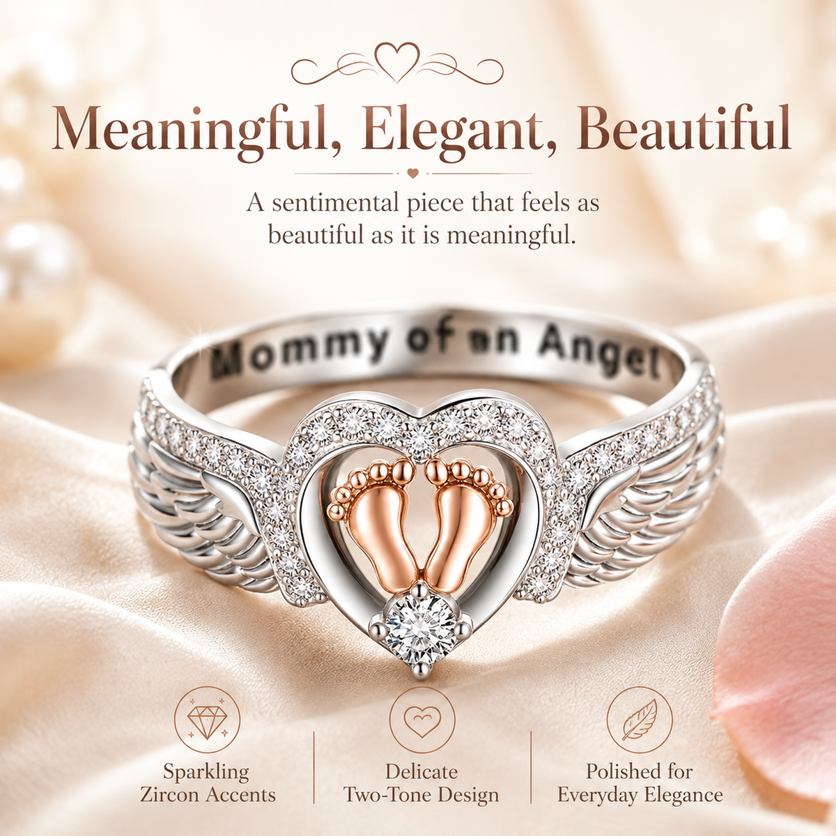 Mommy of an Angel Ring – Angel Wings & Baby Footprints Memorial Keepsake