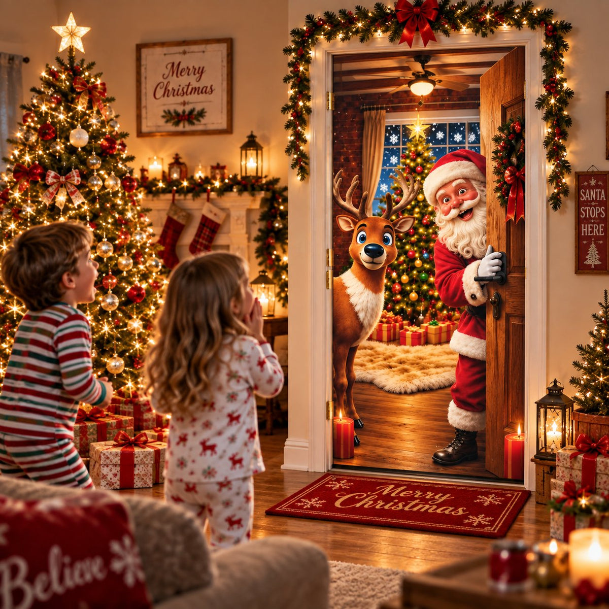 🎅Christmas Door Curtain – Stretchy Santa and Reindeer Door Decoration