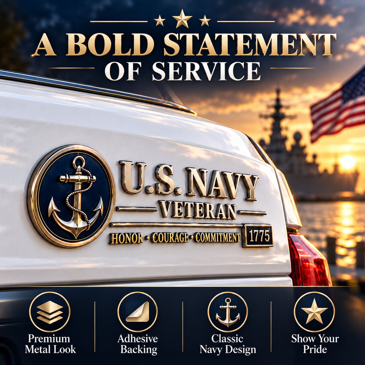 U.S. Navy Veteran Metal Car Emblem – 3D Adhesive Badge, No-Drill Military-Inspired Car & Truck Decoration