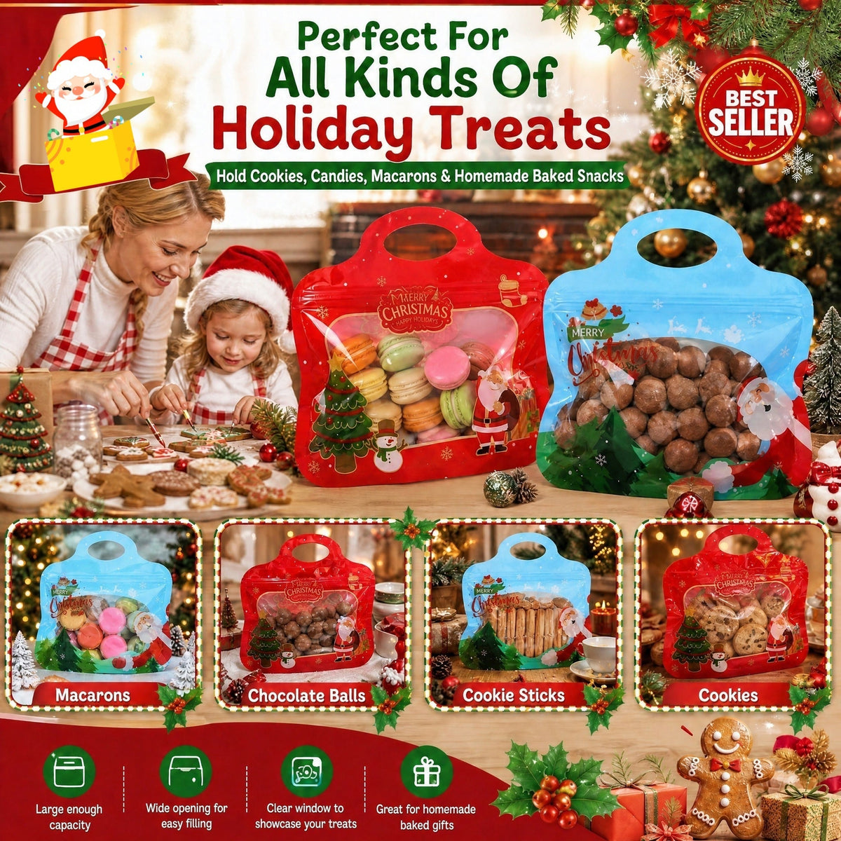 🎅LAST DAY SALE 60% OFF!!🎁Easy Fill, Easy Seal🎄 Festive Self-Seal Treat Bags – Santa & Snowman Print | Resealable, Food-Safe & Perfect for Cookies, Chocolates & Little Gifts⛄