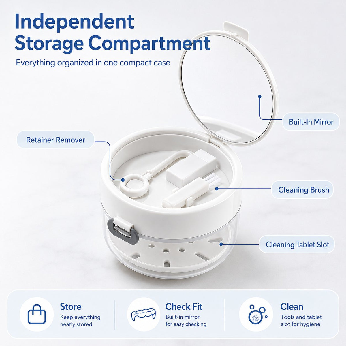 🦷✨3-in-1 Retainer Cleaning & Storage Case – Portable Leak-Resistant Soak Box with Drain Tray, Mirror & Cleaning Brush