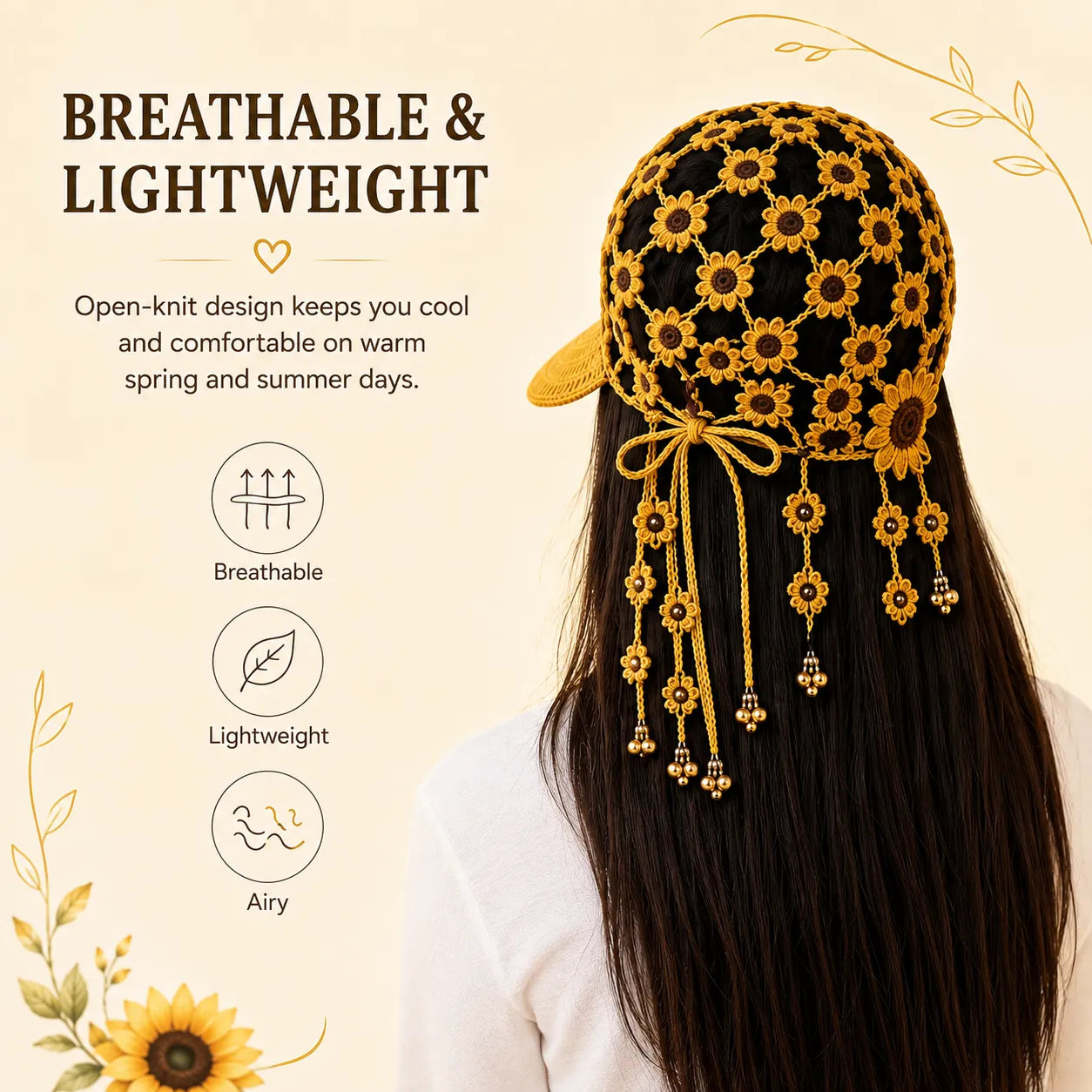 Handcrafted Floral Crochet Baseball Cap | Hollow-Out Knit Boho Hat with Hanging Tassels