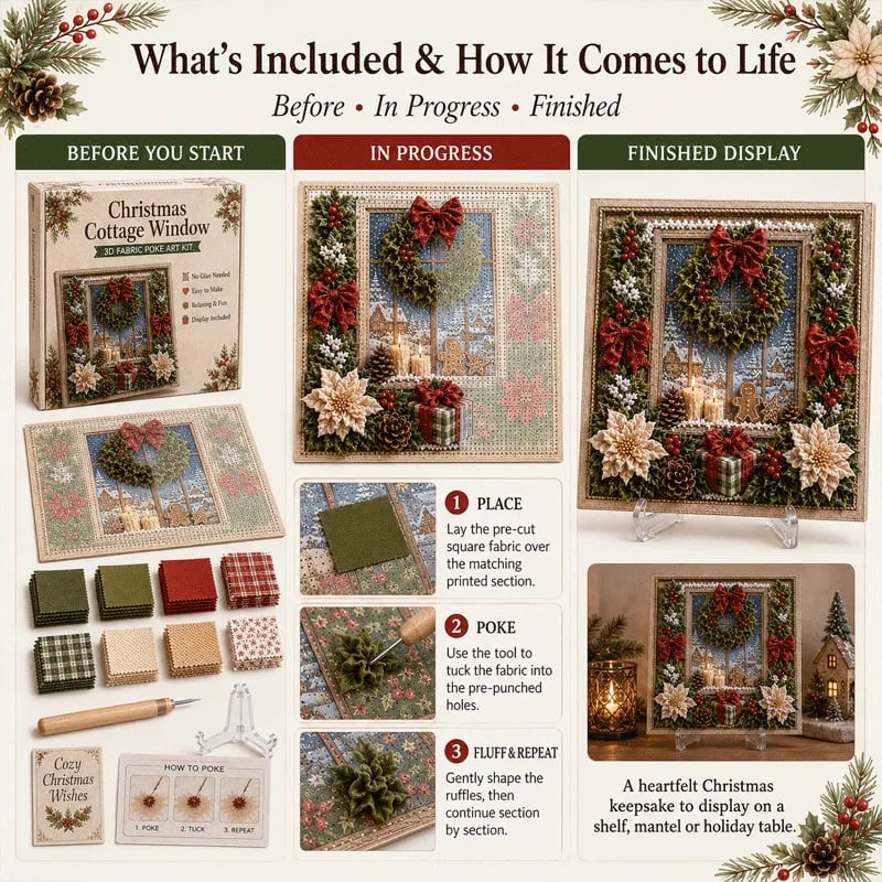🔥 LAST DAY 50% OFF – 🎄 DIY 3D Fabric Poke Art Christmas Keepsake Kit – No-Sewing Holiday Craft with Display Stand ✨