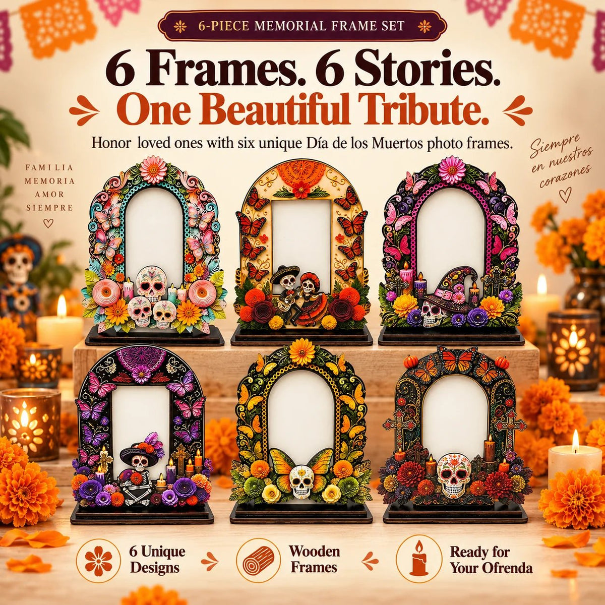 💀 DAY OF THE DEAD DECOR | 6 Wooden Memorial Photo Frames – Colorful Ofrenda Picture Frame Set with Floral Details