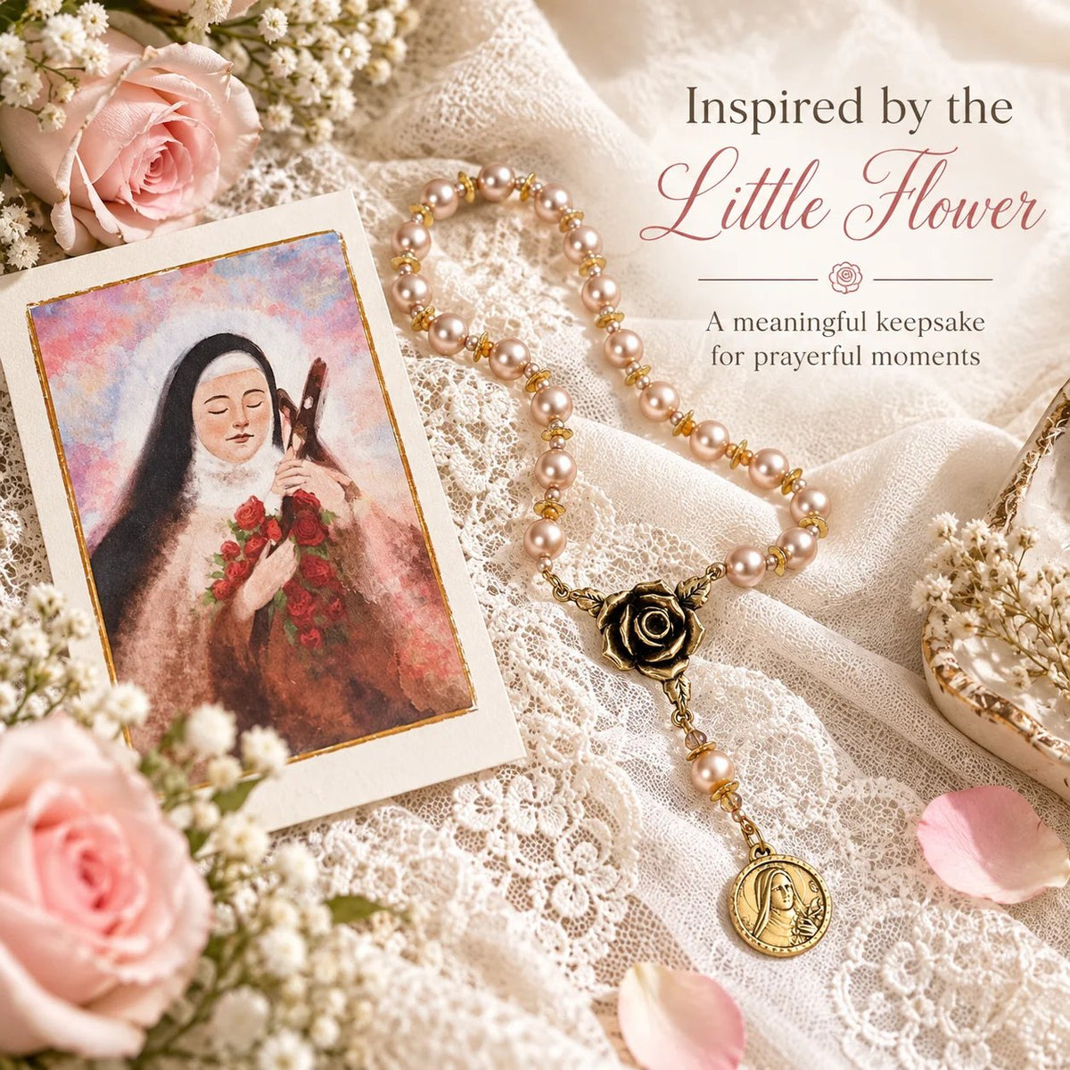 🌹 St. Thérèse “Little Flower” Rose Novena Chaplet – Blush Pearl Prayer Beads