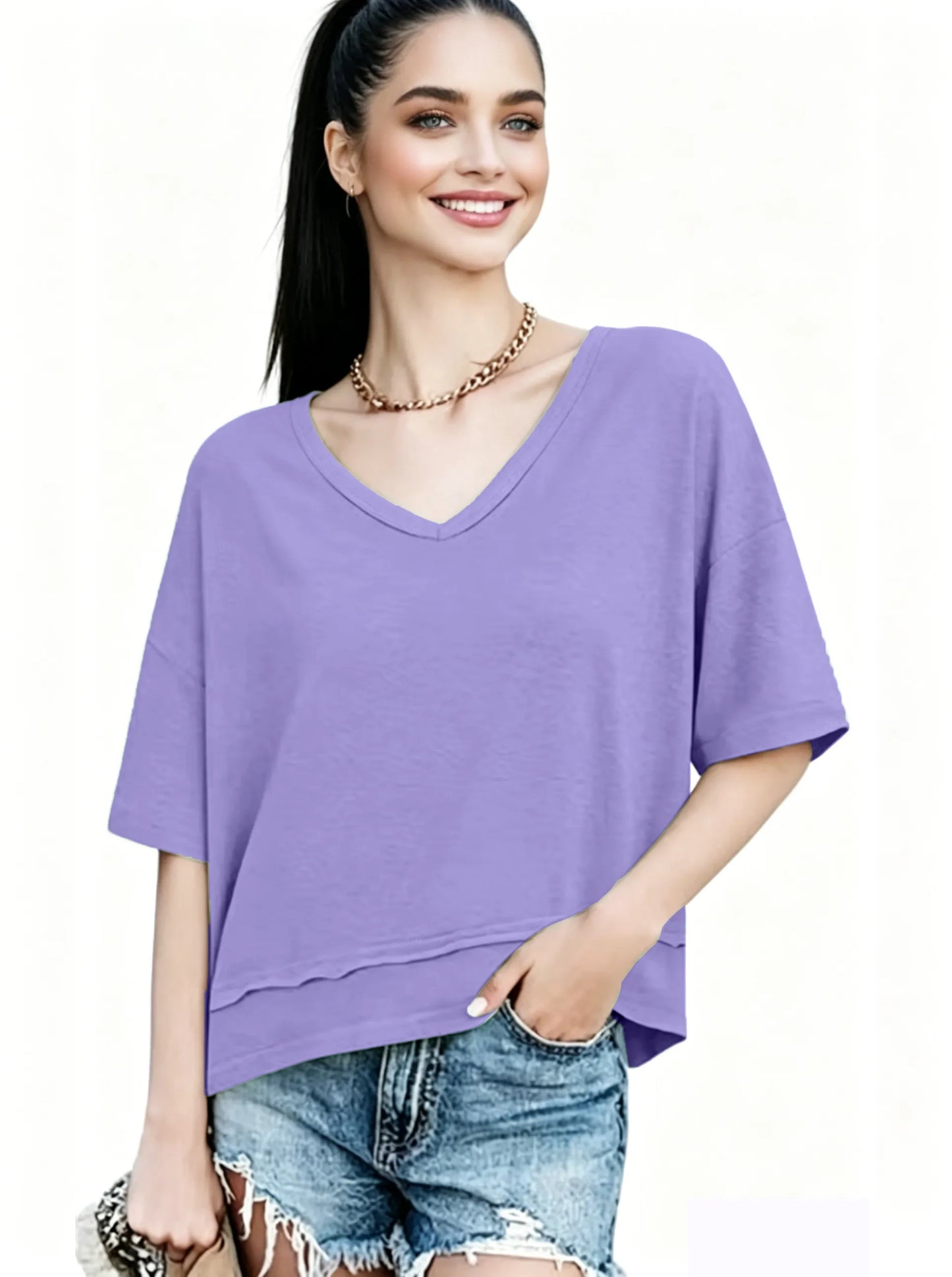 Women's V-neck Mid-length Sleeve Spliced Hem Basic Top