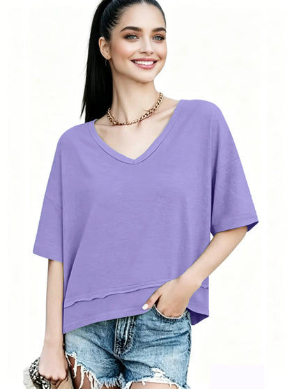 Women's V-neck Mid-length Sleeve Spliced Hem Basic Top