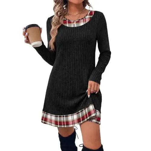 Fashion Fall Dresses for Women 2026 Long Sleeve Sweater Dress Color Block | Side Pockets, Ribbed, Lightweight, Winter Clothing, Loose Fit