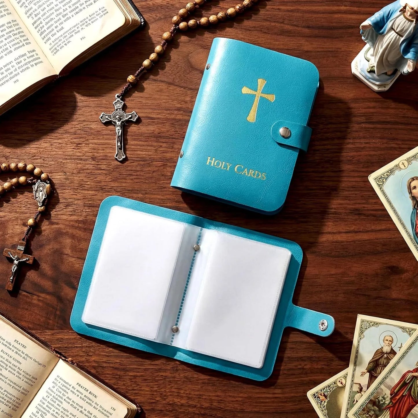 ✝️ Catholic PU+PVC Leather Holy Card Holder – Pocket Prayer Card Organizer with Snap Closure