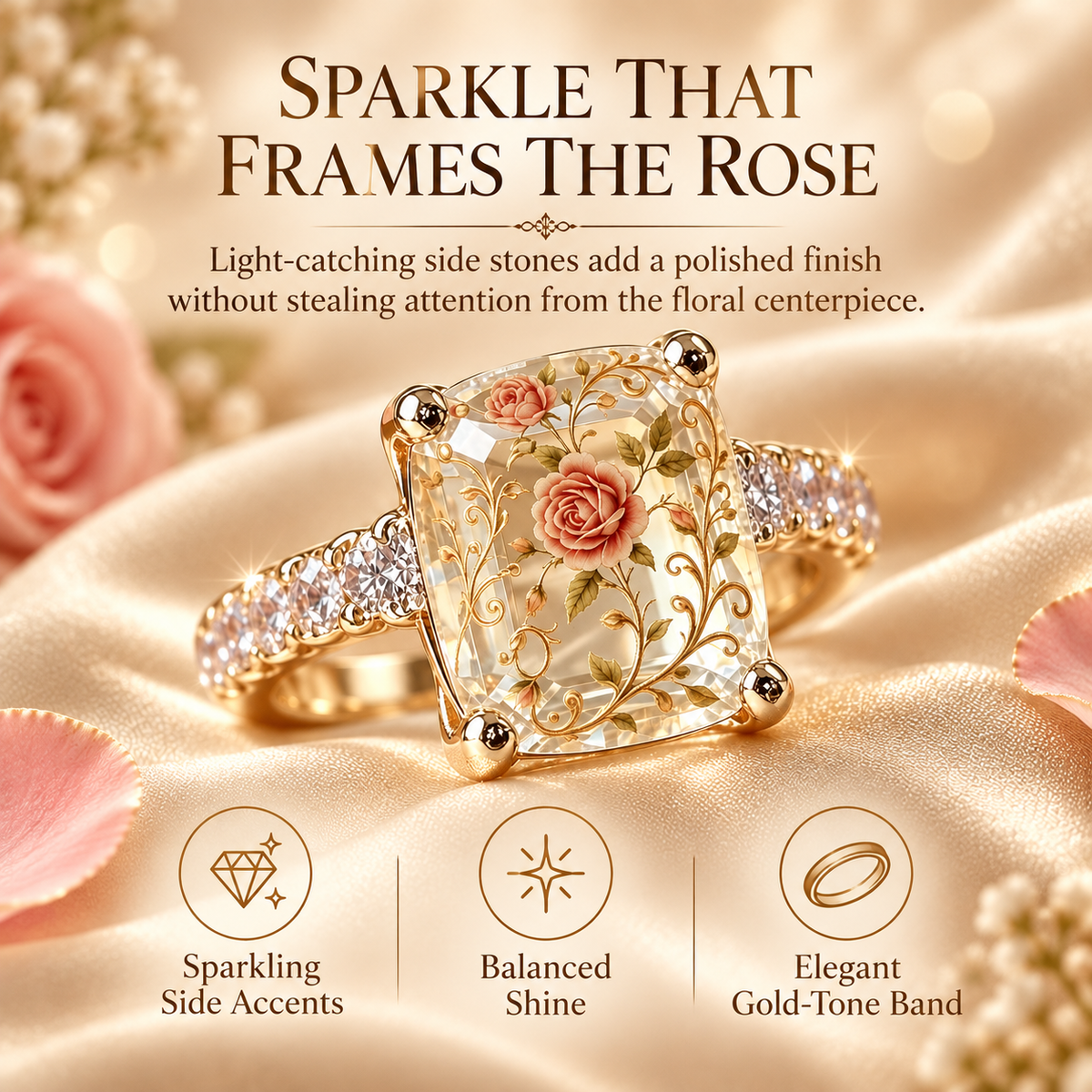 Vintage Rose Floral Crystal Statement Ring with Gold-Tone Band
