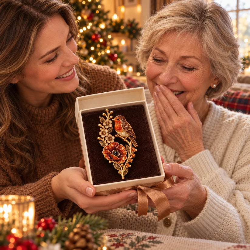 Robin Poppy Crystal Brooch gift presentation