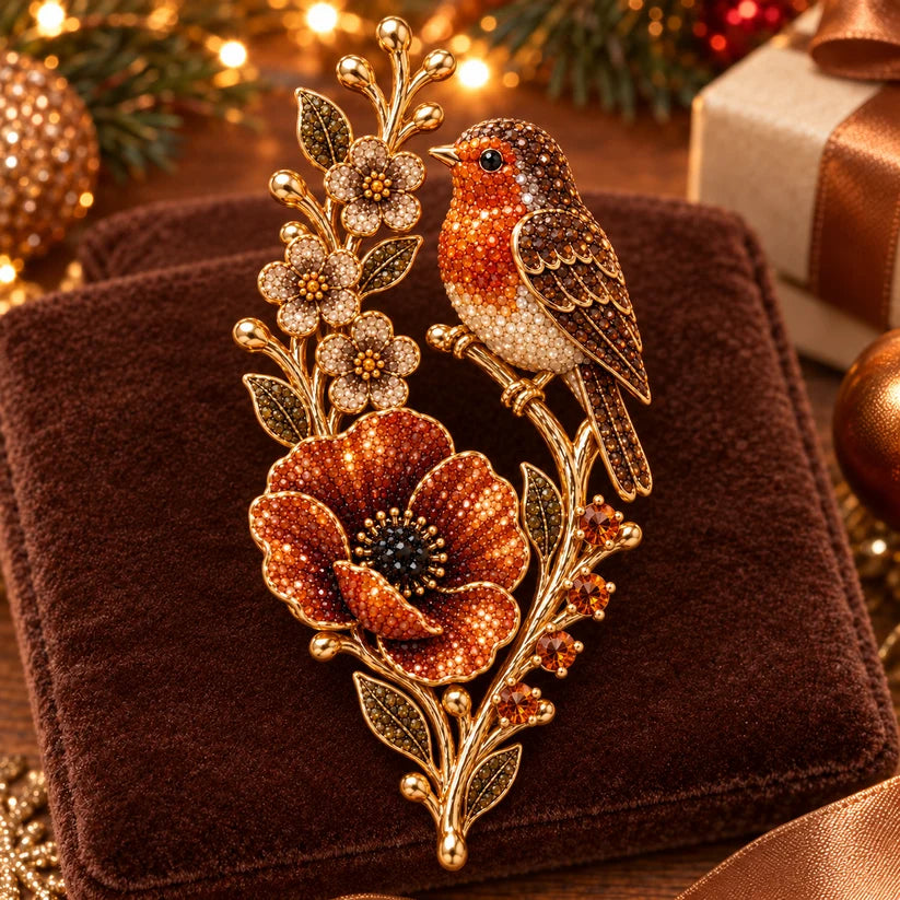 Detailed Robin Poppy Crystal Brooch
