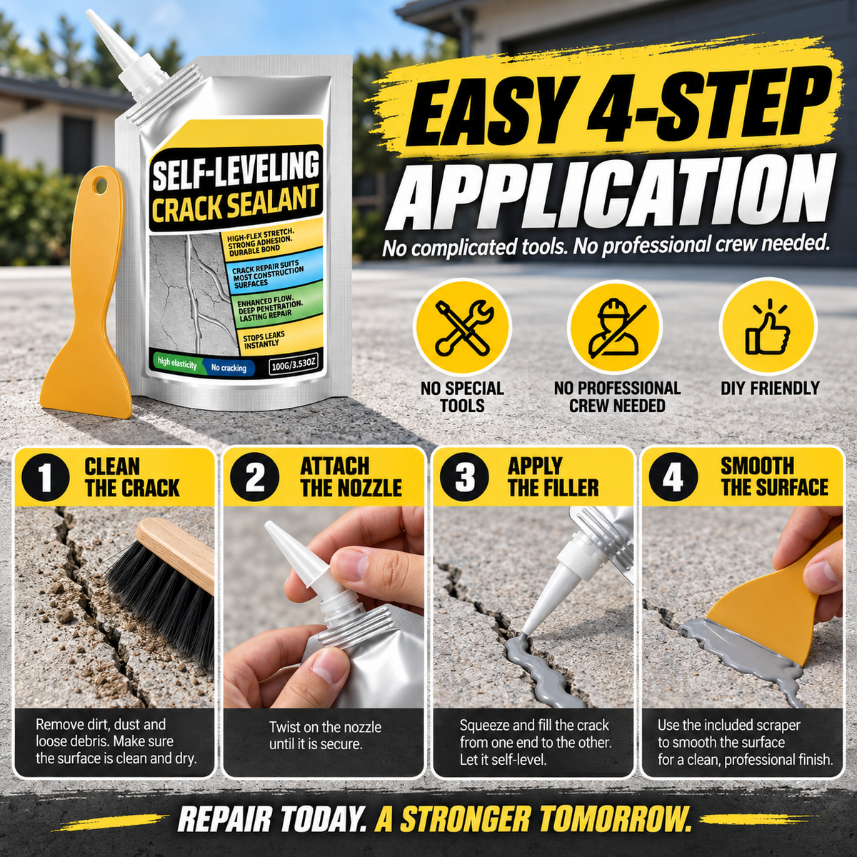 Self-Leveling Concrete Crack Sealant – Waterproof Quick-Drying Repair Filler with Scraper