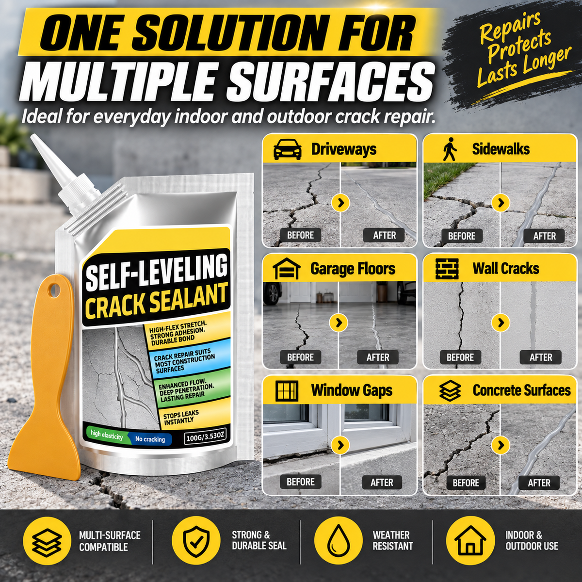 Self-Leveling Concrete Crack Sealant – Waterproof Quick-Drying Repair Filler with Scraper