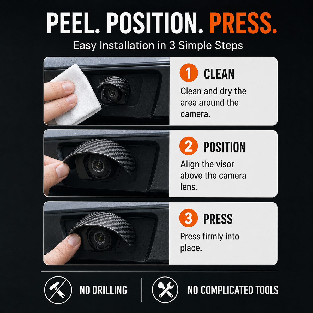 Car Camera Rain Shield – Carbon Fiber Waterproof Visor for Clearer Rear & Side Camera View
