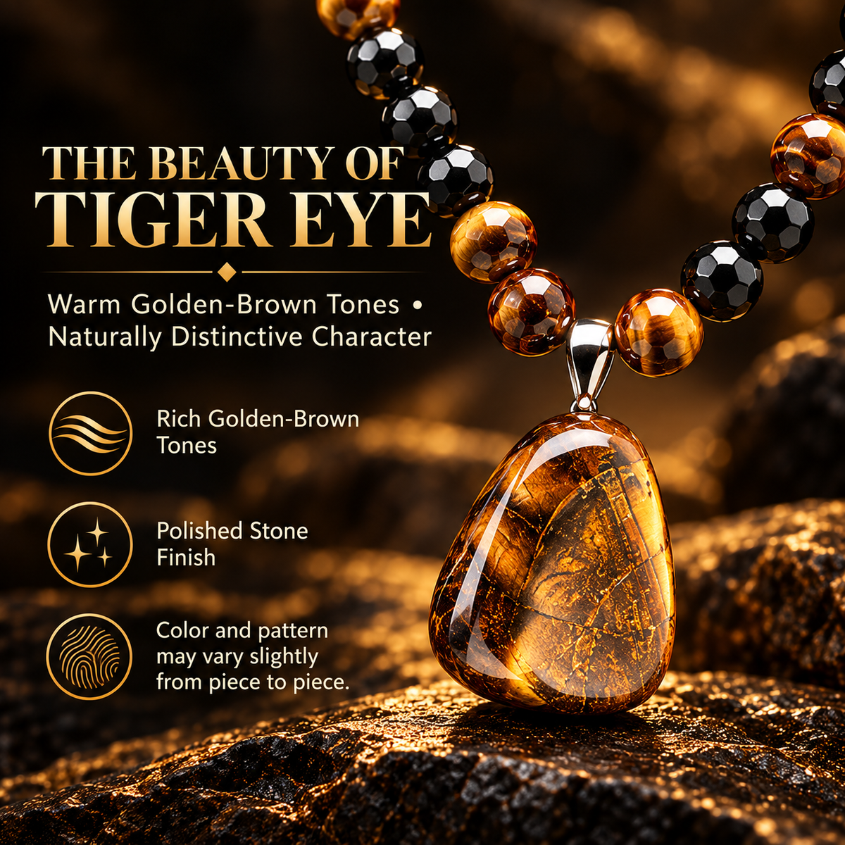 Tiger Eye & Black Bead Pendant Necklace