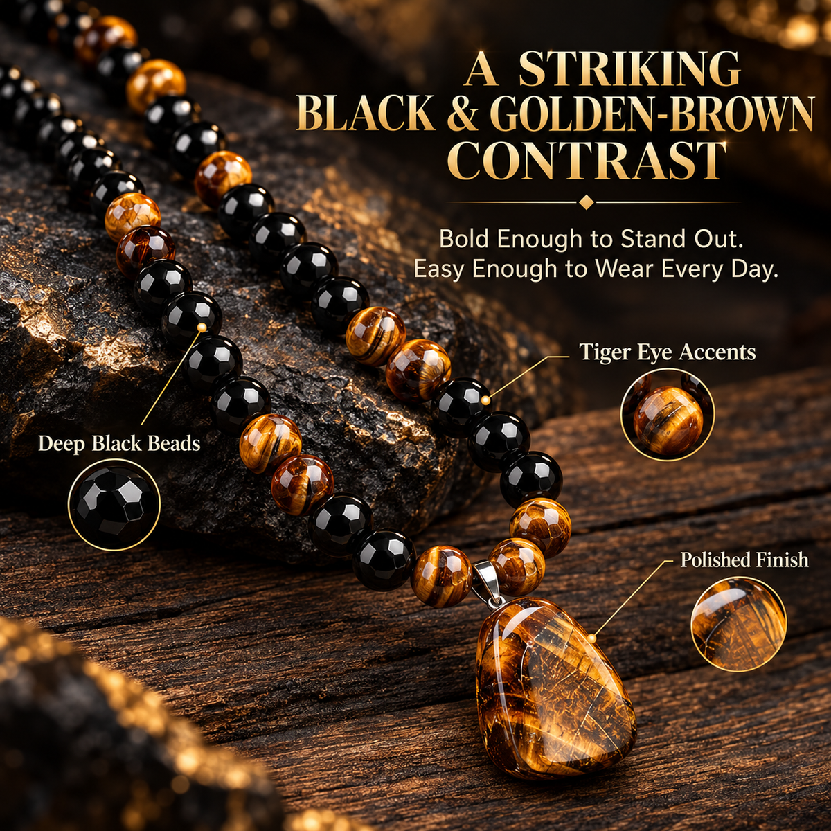 Tiger Eye & Black Bead Pendant Necklace