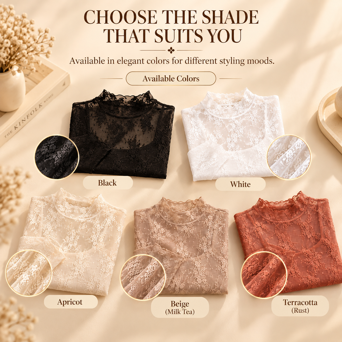 Women's Floral Lace Mesh Long Sleeve Top – High Neck Slim Fit Layering Blouse