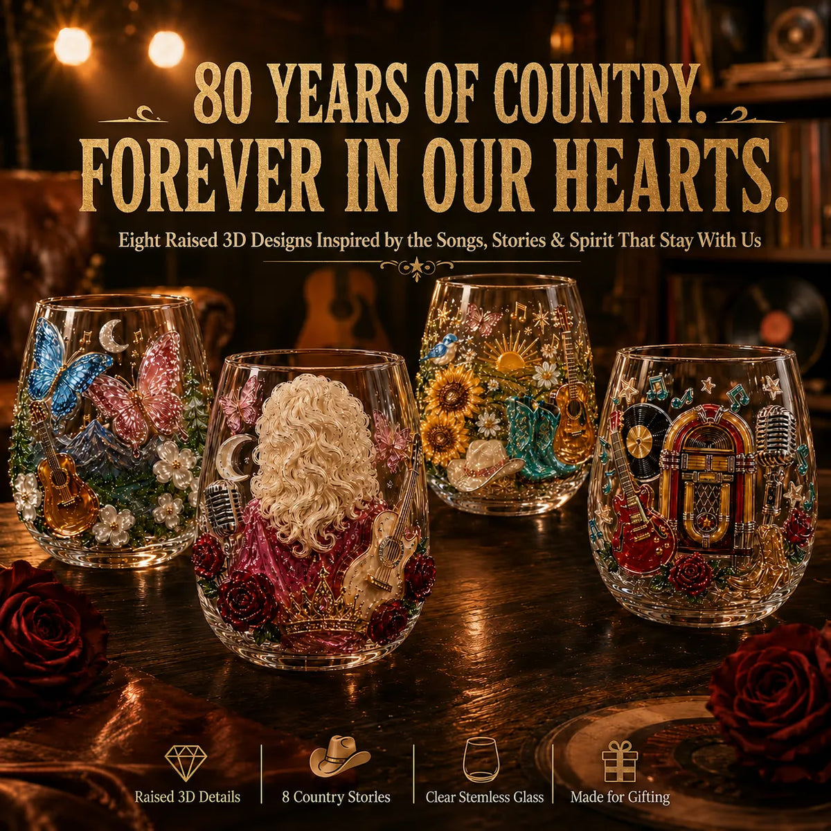🤠 🎸 Vintage Country 3D Glass Collection – 8 Raised Western Music & Floral Designs
