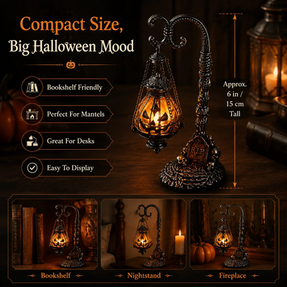 🔥Halloween Early Bird Sale🎃 Gothic Pumpkin Lantern Stand | Warm Orange LED Glow, Victorian Skull Details & Haunted Shelf Decor 🕯️