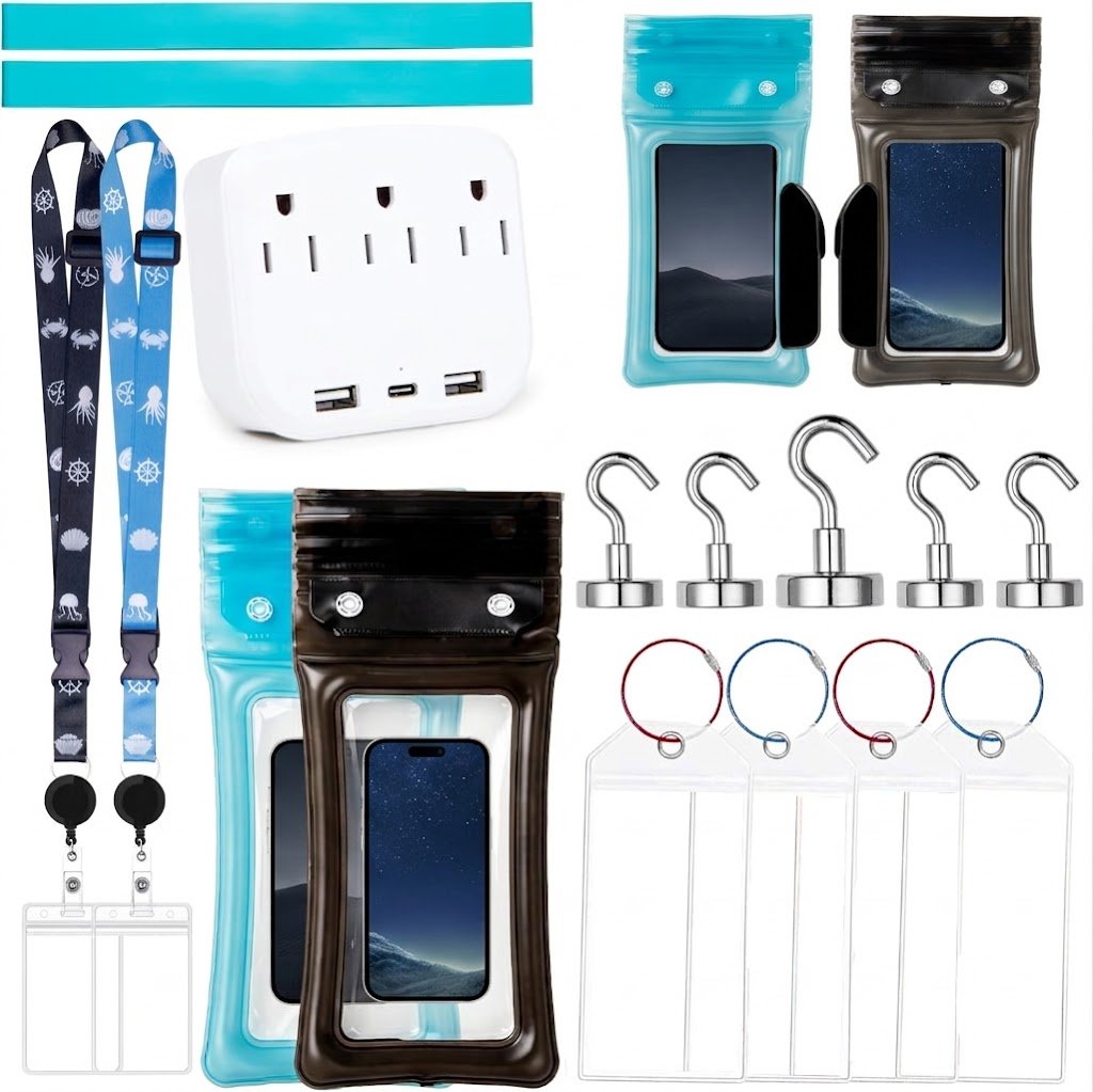 🚢Cruise Essentials 2026- Cruise Must Haves Kit with Non-Surge Protector Power Strip, Lanyard with ID Holder, Magnetic Hooks, Luggage Tag Set, Towel Bands, Waterproof Phone Holder