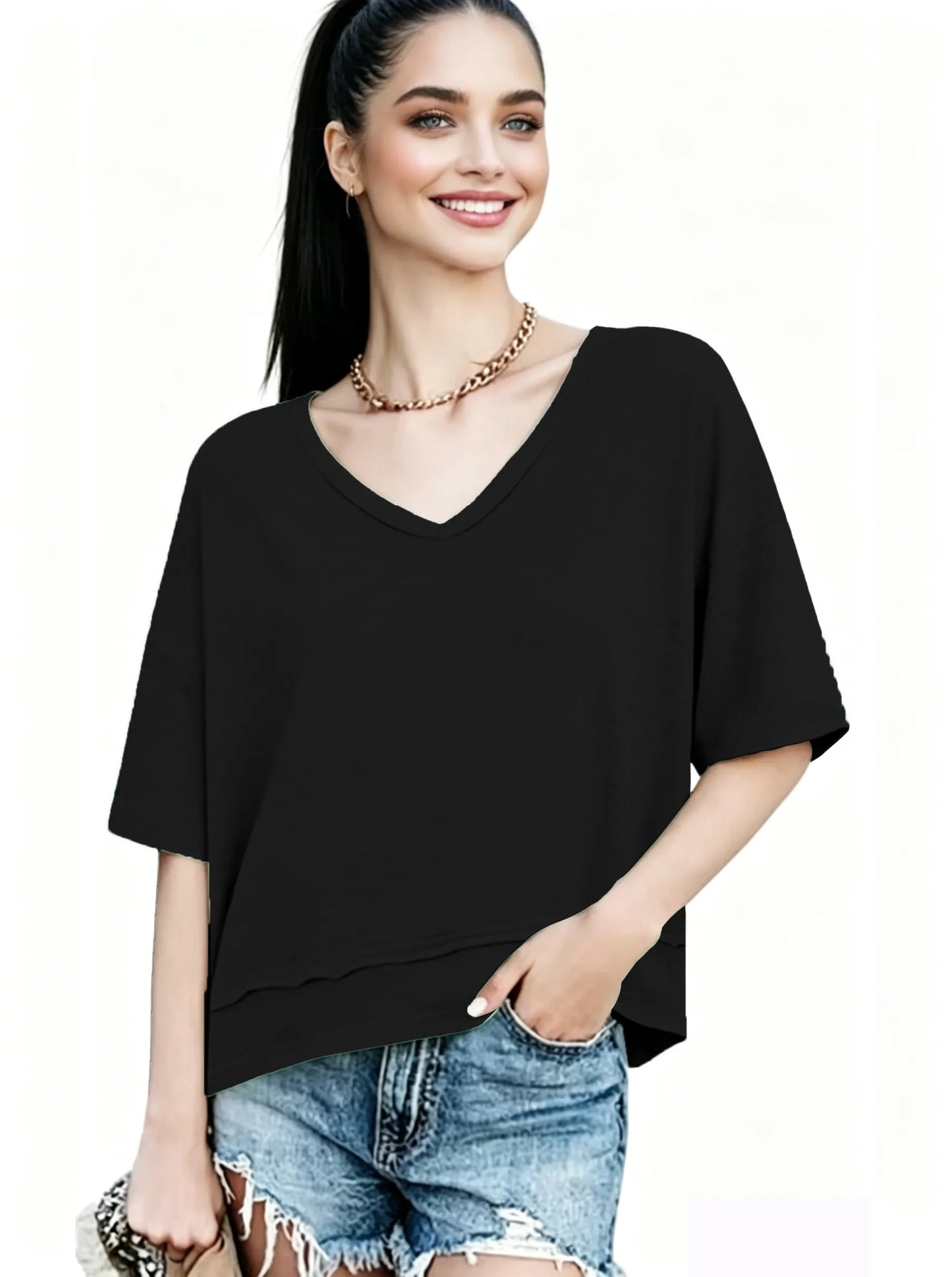 Women's V-neck Mid-length Sleeve Spliced Hem Basic Top