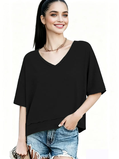 Women's V-neck Mid-length Sleeve Spliced Hem Basic Top