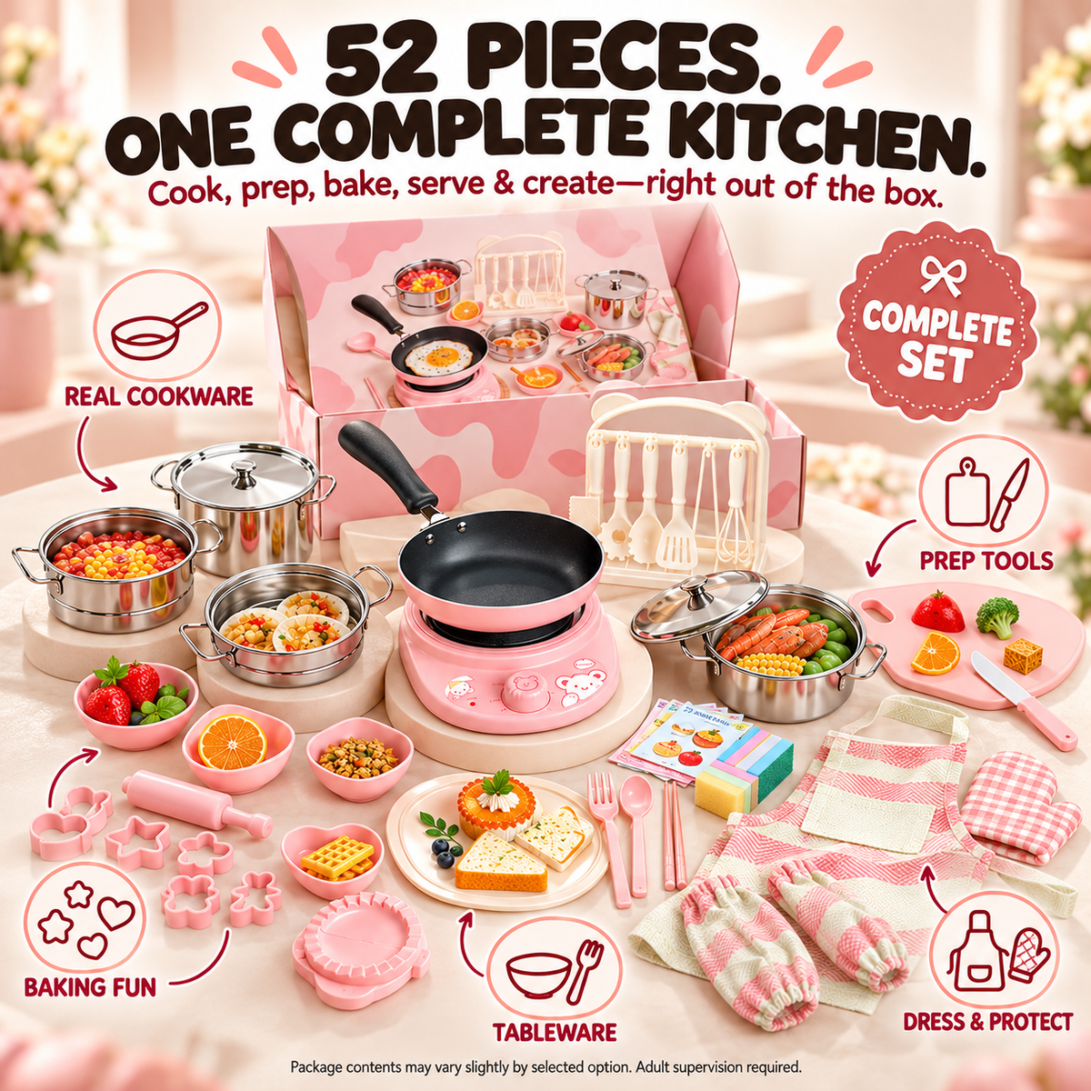 52-Piece Kids’ Mini Real-Cooking Kitchen Set with Electric Stove & Cookware