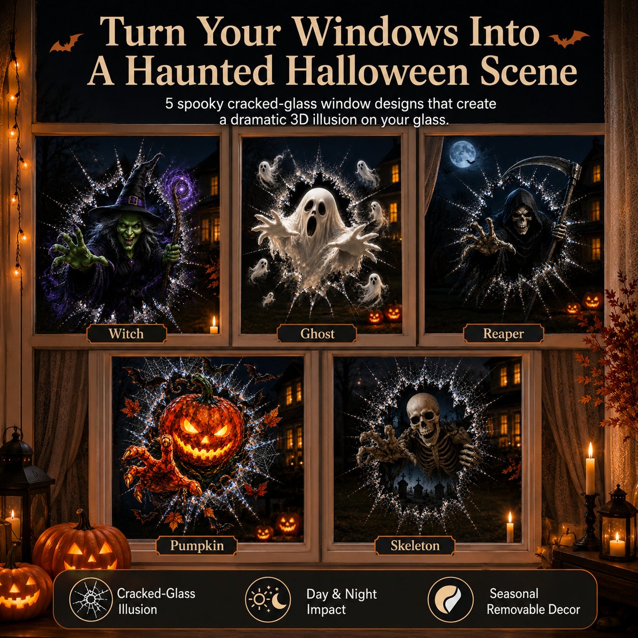 🎃 2026 Halloween Window Decals – 3D Crack Glass Spooky Decorations for a Haunted Halloween Scene