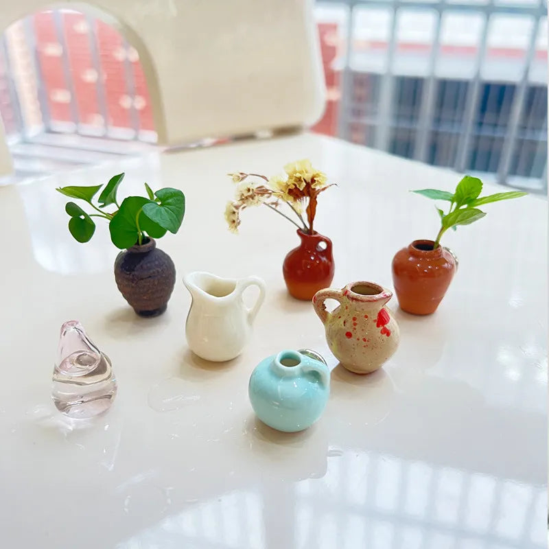 Mini vase fridge magnets with tiny flowers and greenery