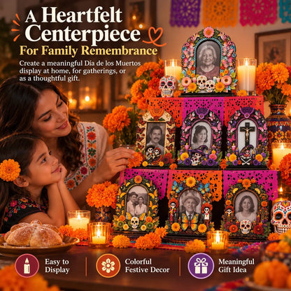 💀 DAY OF THE DEAD DECOR | 6 Wooden Memorial Photo Frames – Colorful Ofrenda Picture Frame Set with Floral Details