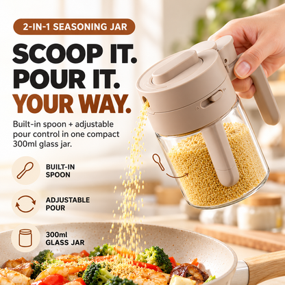 🥄 Scoop or Pour 2-in-1 Seasoning Jar – 300ml Glass Container with Built-In Spoon & 3-Mode Dispenser