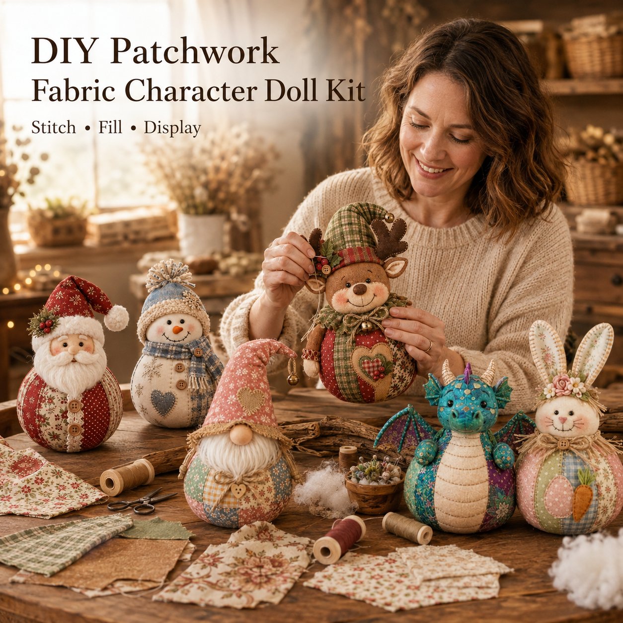 🎄 DIY Patchwork Fabric Doll Kit – Create Your Own Handmade Christmas Character