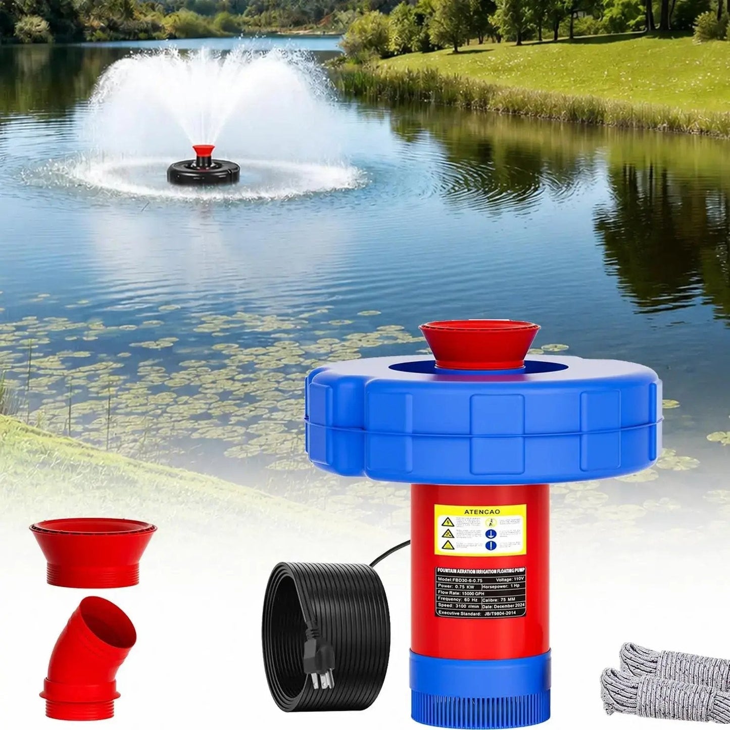 1HP 750W Floating Pond Fountain Aerator, 15000 GPH Pump for Large Ponds & Lakes