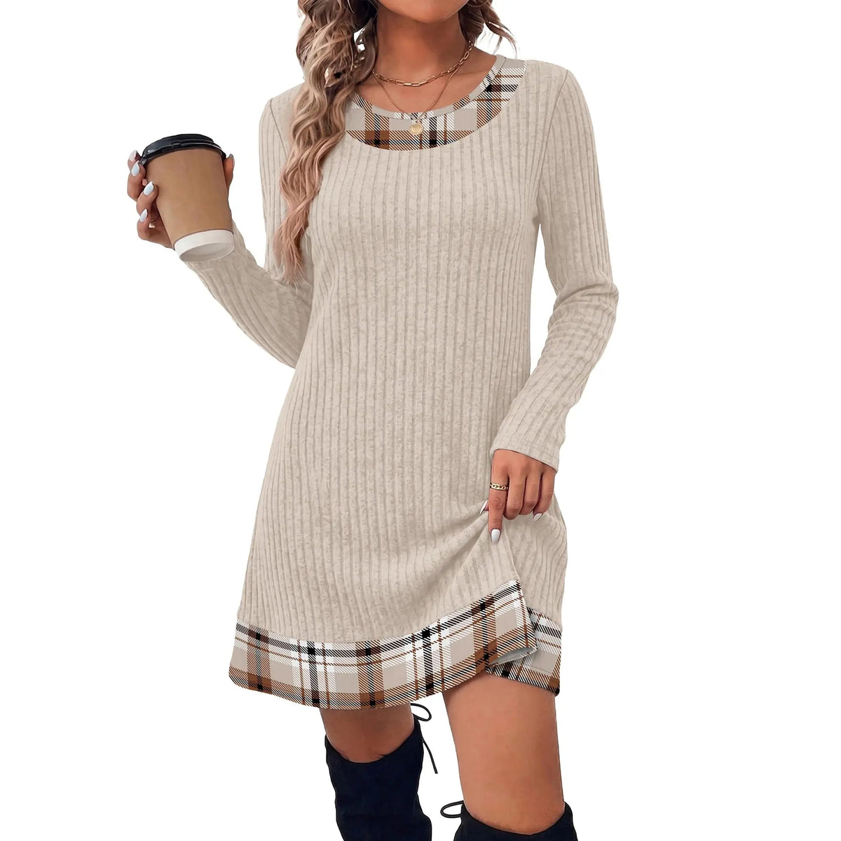 Fashion Fall Dresses for Women 2026 Long Sleeve Sweater Dress Color Block | Side Pockets, Ribbed, Lightweight, Winter Clothing, Loose Fit