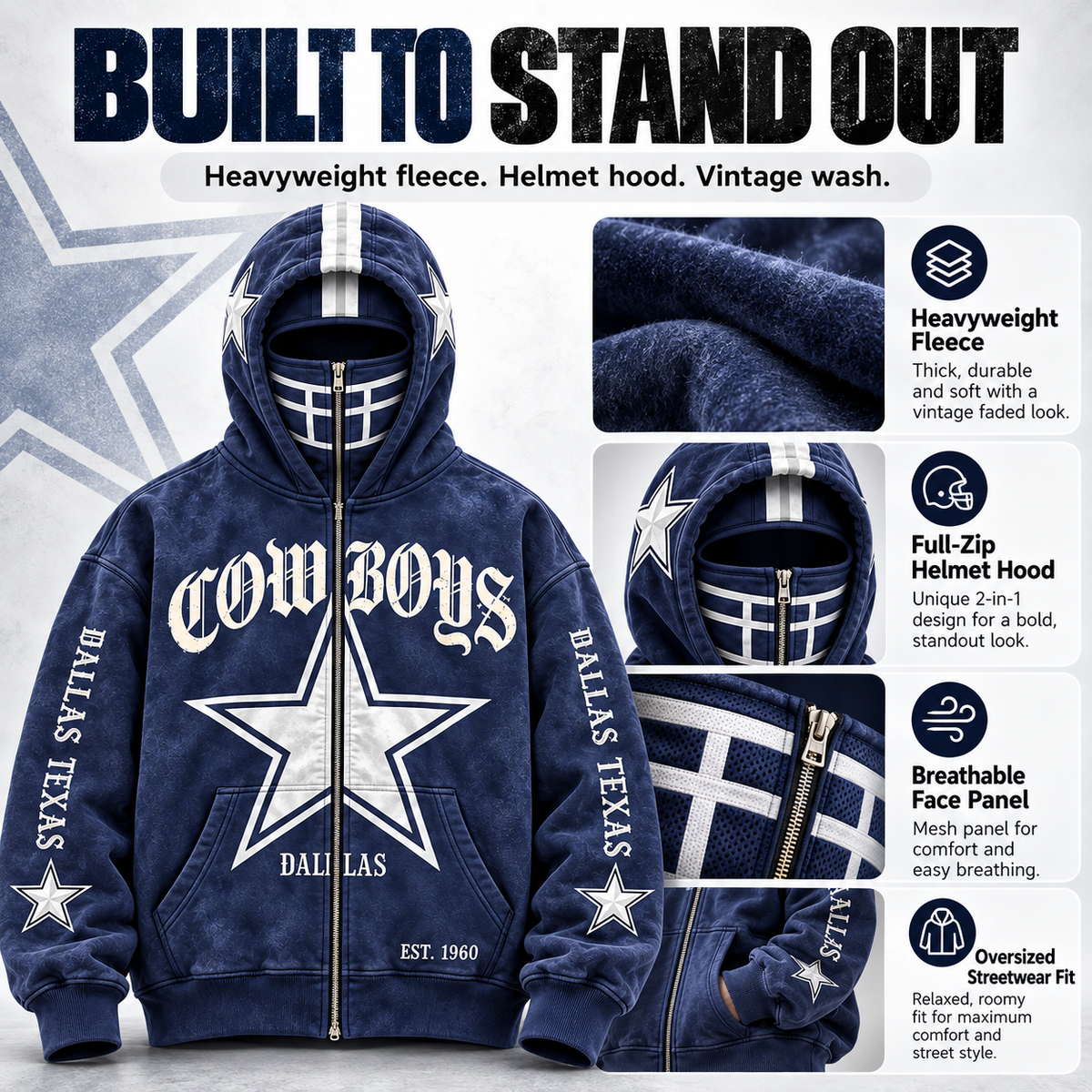 🏈 2-in-1 Football Zip Hoodie – Full-Zip Helmet Hood & Oversized Fit