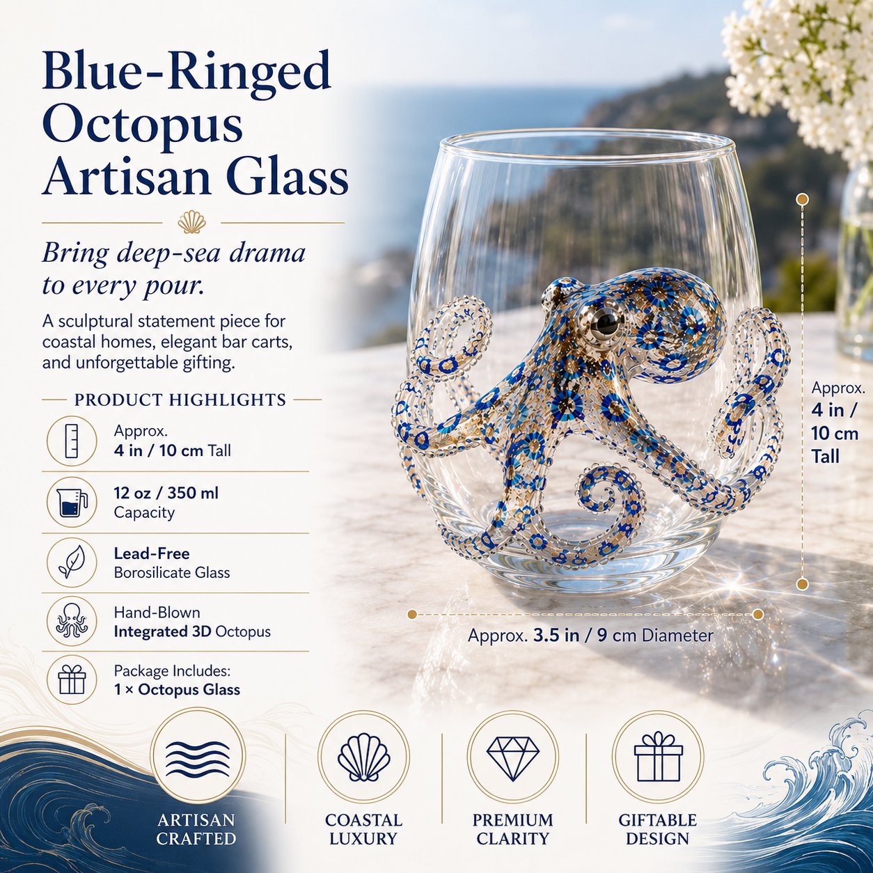 🌊Artisanal Blue Ringed Octopus Glassware