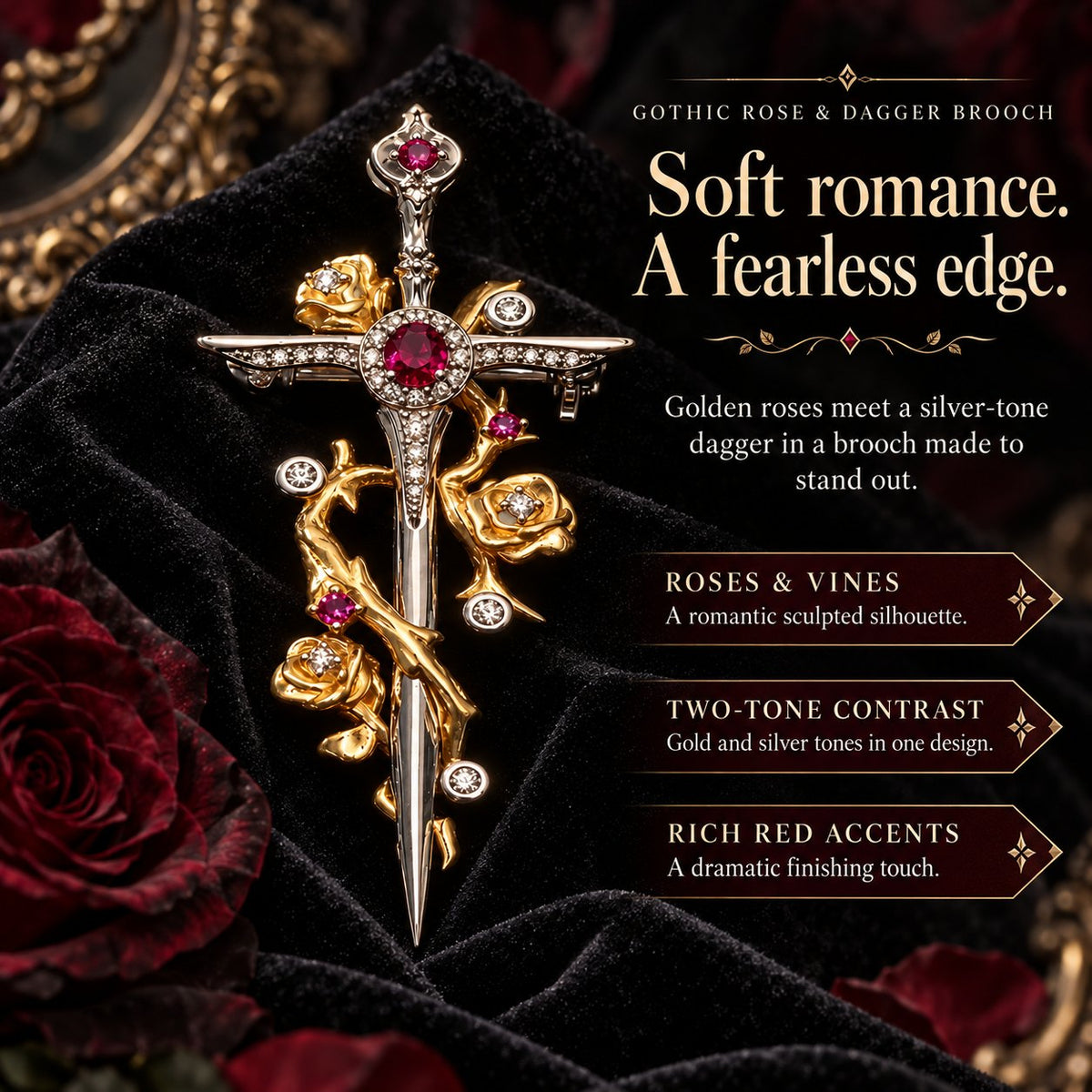 🥀 Gothic Rose & Dagger Brooch | Sculpted Golden Roses • Silver-Tone Blade • Ruby-Red Accents 🗡️