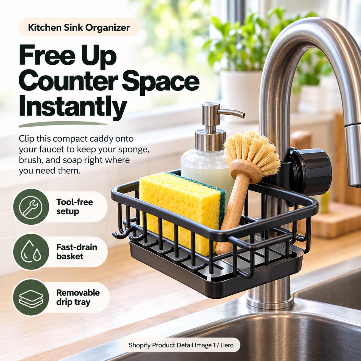 🧽Faucet-Mounted Kitchen Sink Organizer – Adjustable No-Drill Sponge & Brush Holder with Removable Drip Tray