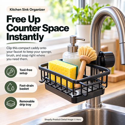 🧽Faucet-Mounted Kitchen Sink Organizer – Adjustable No-Drill Sponge & Brush Holder with Removable Drip Tray