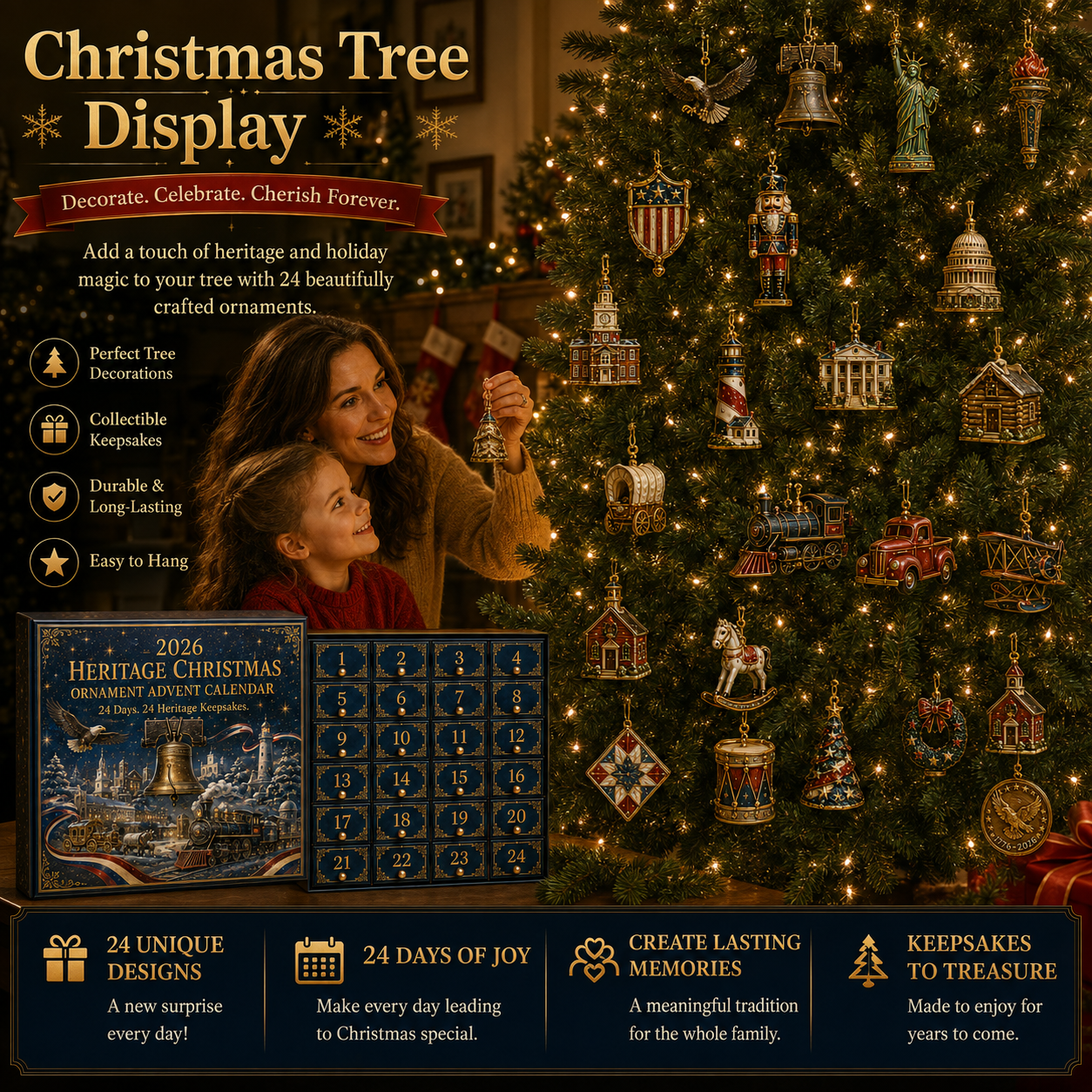 Heritage Christmas ornaments displayed on a Christmas tree