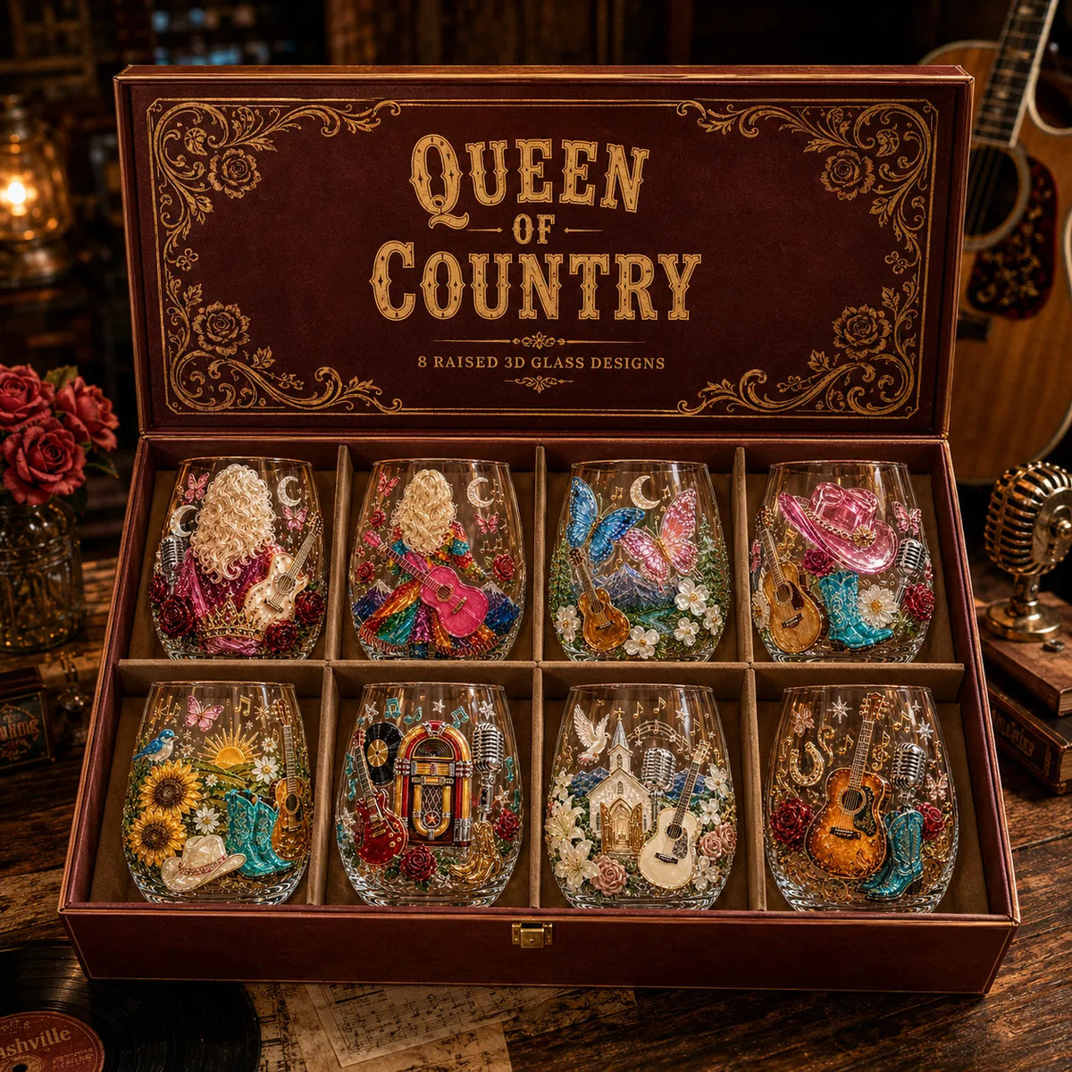 🤠 🎸 Vintage Country 3D Glass Collection – 8 Raised Western Music & Floral Designs