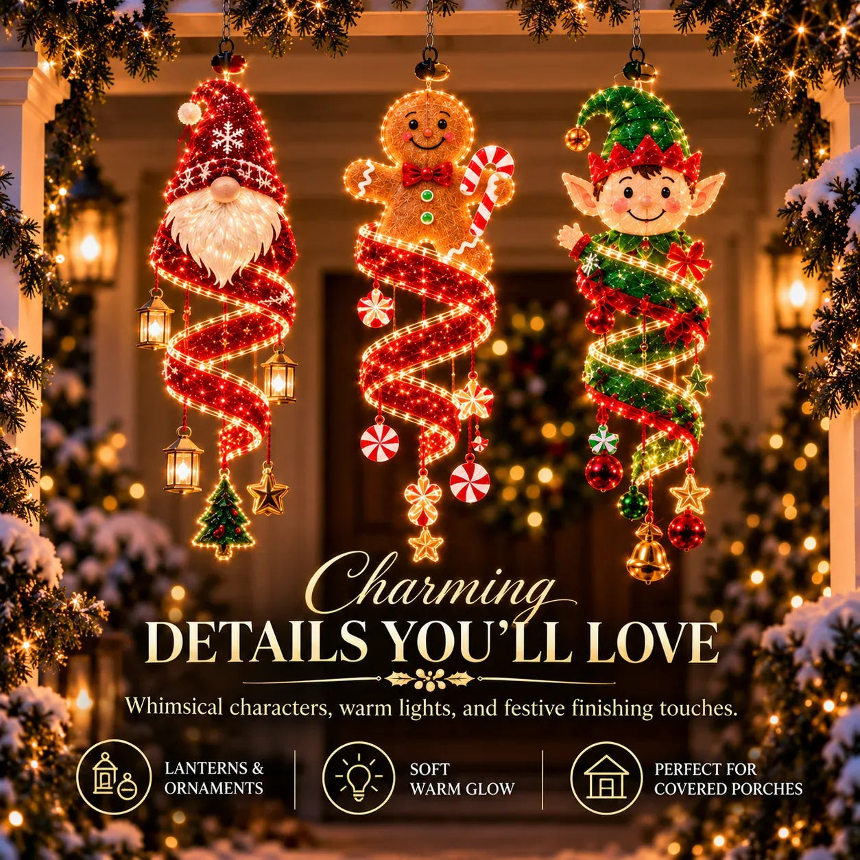 🎅Christmas Magic Spira Hanging LED Light Collection – 9 Festive Designs ✨ | Suspended Glowing Characters with Spiral Lights & Hanging Details for Porches, Windows, Entryways & Holiday Displays