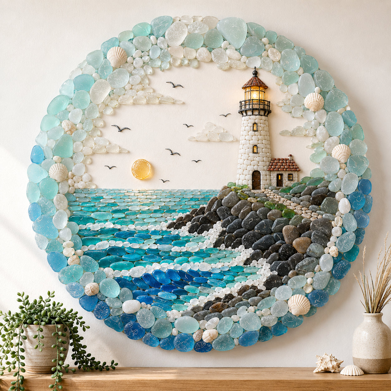 🌊 Coastal Lighthouse Pebble Wall Art with Textured Ocean Stone Design