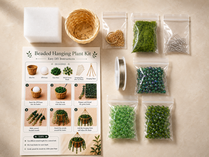 Green beaded hanging plant DIY kit materials with glass beads, woven basket, moss, foam, wire, chain, and instructions