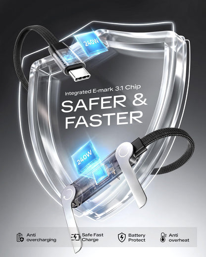 📱 240W Fast Charging Braided Cable with Built-in Foldable Kickstand Base