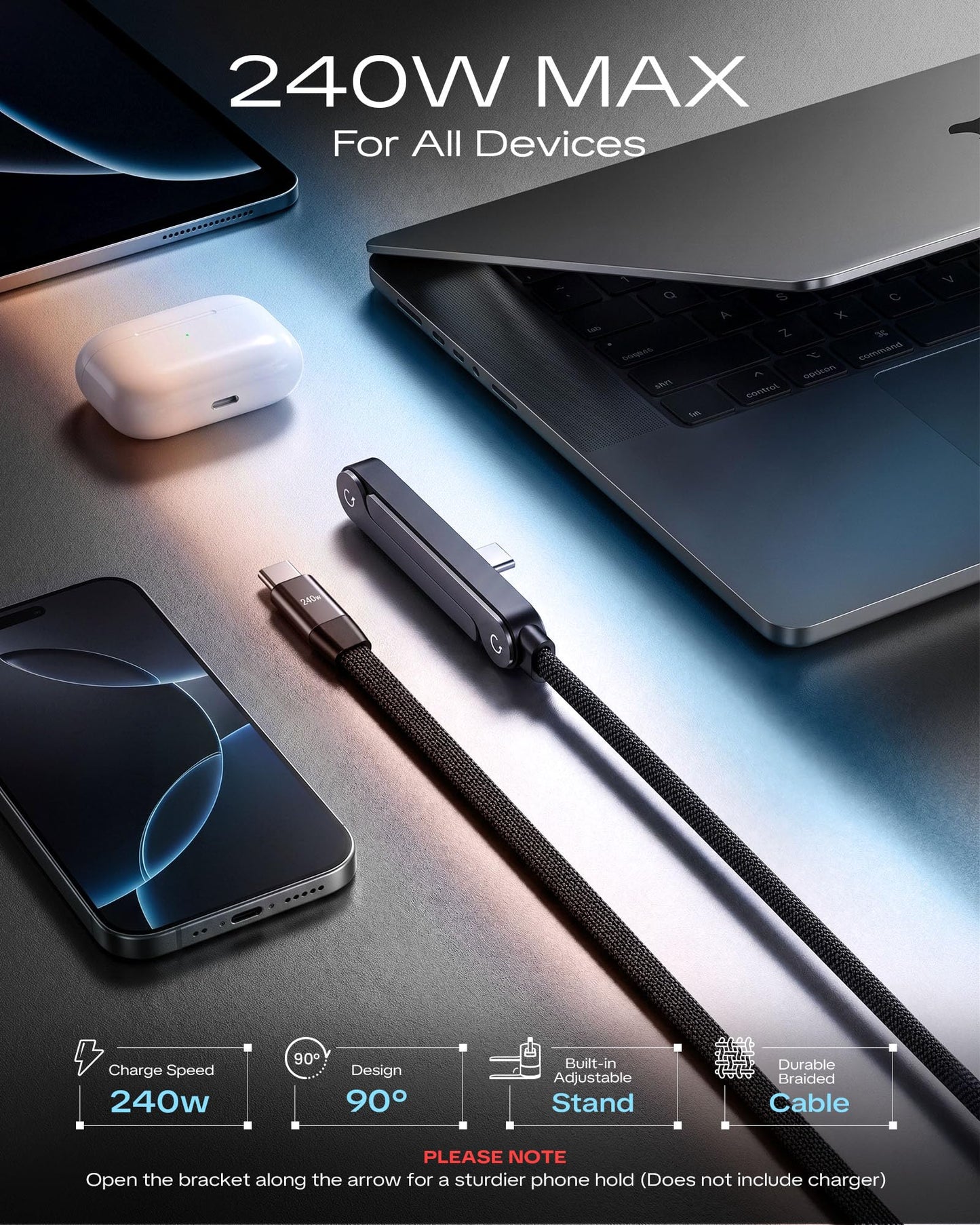 📱 240W Fast Charging Braided Cable with Built-in Foldable Kickstand Base